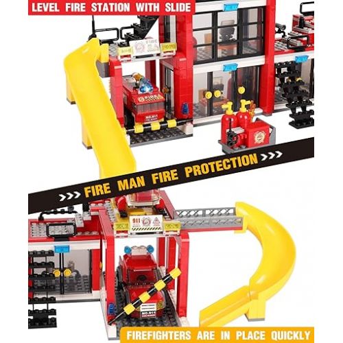  896 Pieces City Fire Station STEM Building Blocks Set, Fire Truck, Helicopter, Vehicle, Creative Fire Rescue Toy, Baseplates Storage Box, Roleplay Parent-Child Playset, Gift for Kids Boys Girls 6-12