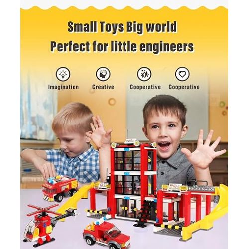  896 Pieces City Fire Station STEM Building Blocks Set, Fire Truck, Helicopter, Vehicle, Creative Fire Rescue Toy, Baseplates Storage Box, Roleplay Parent-Child Playset, Gift for Kids Boys Girls 6-12