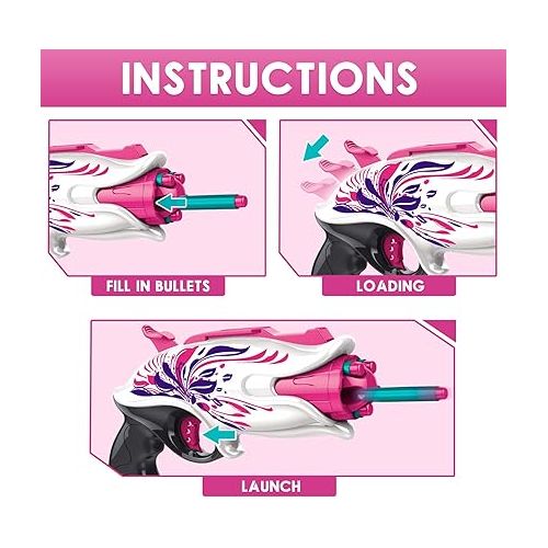  Soft Bullet Toy Pink Dart Blaster, 5-Dart Rotating Drum, 20 Darts, Kids Outdoor Toys Xmas Birthday Gifts for Girls Ages 6+ Years Old