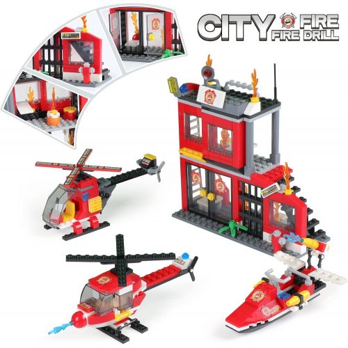  EP EXERCISE N PLAY Building Blocks Fire Station City Coastline Emergency Rescue Team, 1000 Pcs 9 Models, Exercise N Play Creative DIY Consturction Toys for Boys Girls Toy Bucket