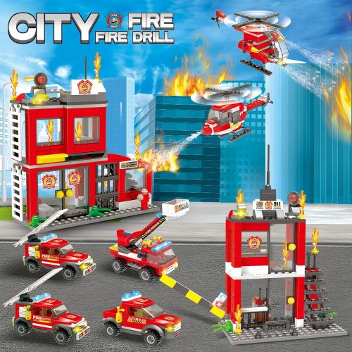  EP EXERCISE N PLAY Building Blocks Fire Station City Coastline Emergency Rescue Team, 1000 Pcs 9 Models, Exercise N Play Creative DIY Consturction Toys for Boys Girls Toy Bucket