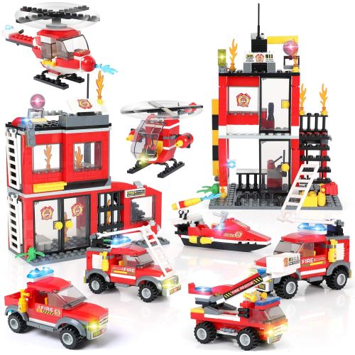  EP EXERCISE N PLAY Building Blocks Fire Station City Coastline Emergency Rescue Team, 1000 Pcs 9 Models, Exercise N Play Creative DIY Consturction Toys for Boys Girls Toy Bucket