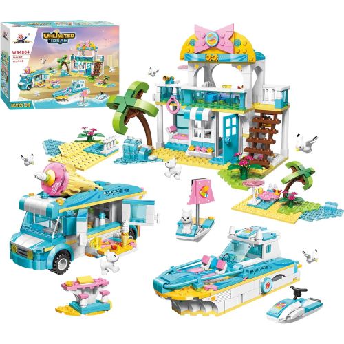  EP EXERCISE N PLAY Friends Vacation Tour Building Kit Featuring Beach House, City Ice-Cream Truck, Yacht and Animal Toys, STEM Toy Roleplay Gift for Kids Boys Girls Aged 6-12 (948 Pieces)