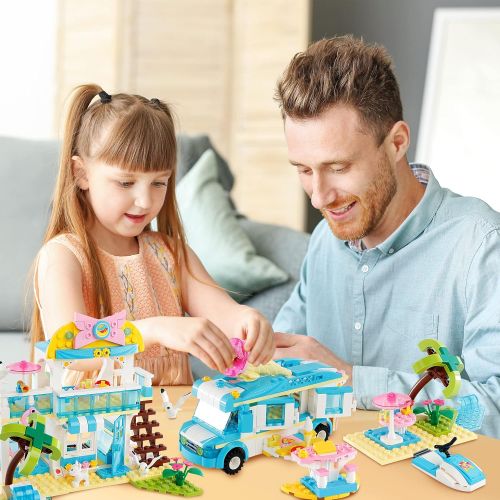  EP EXERCISE N PLAY Friends Vacation Tour Building Kit Featuring Beach House, City Ice-Cream Truck, Yacht and Animal Toys, STEM Toy Roleplay Gift for Kids Boys Girls Aged 6-12 (948 Pieces)