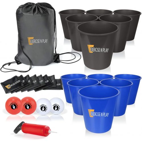  EP EXERCISE N PLAY Backyards Pong Games Giant Yard Pong Bucket Yard Pong Game Set with 12 Buckets Toss Game for Family and Friends(Black/Blue)