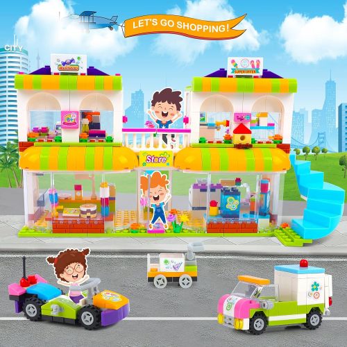  EP EXERCISE N PLAY Friends City Supermarket Building Kit Toy House for Girls 6-12, 648 Pcs Shopping Mall Creative Building Bricks Blocks Set, Learning Roleplay Gift Party Toy for Creative Pretend Pla