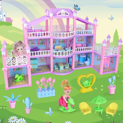  EP EXERCISE N PLAY Dreamhouse Dollhouse Set with Dolls Pets Furniture Accessories, DIY Cottage Doll House Pink Dream House for Girls Kids