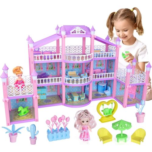  EP EXERCISE N PLAY Dreamhouse Dollhouse Set with Dolls Pets Furniture Accessories, DIY Cottage Doll House Pink Dream House for Girls Kids