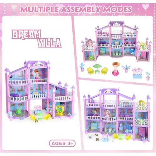  EP EXERCISE N PLAY Dreamhouse Dollhouse Set with Dolls Pets Furniture Accessories, DIY Cottage Doll House Pink Dream House for Girls Kids