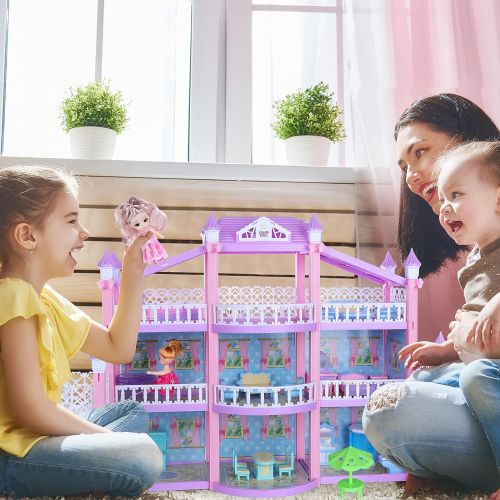  EP EXERCISE N PLAY Dreamhouse Dollhouse Set with Dolls Pets Furniture Accessories, DIY Cottage Doll House Pink Dream House for Girls Kids