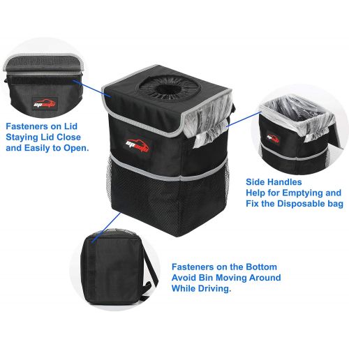  EPAuto Waterproof Car Trash Can with Lid and Storage Pockets, Black