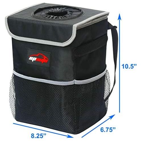  EPAuto Waterproof Car Trash Can with Lid and Storage Pockets, Black