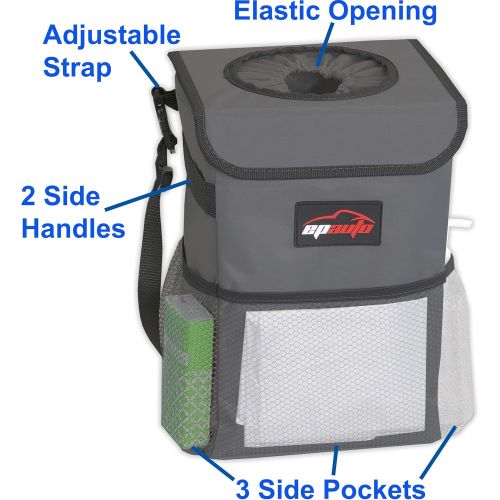  EPAuto Waterproof Car Trash Can with Lid and Storage Pockets, Dark Grey