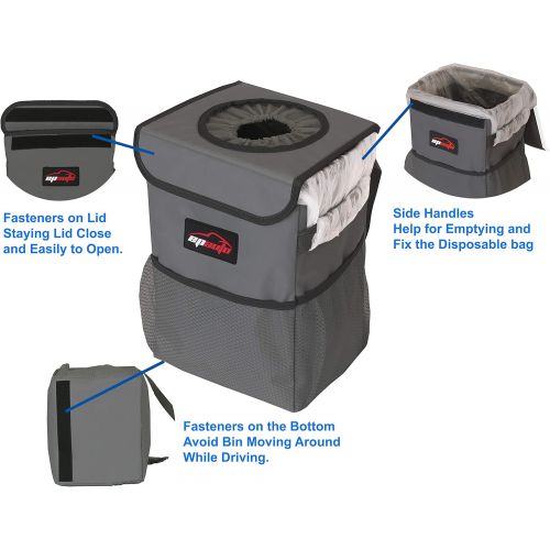  EPAuto Waterproof Car Trash Can with Lid and Storage Pockets, Dark Grey