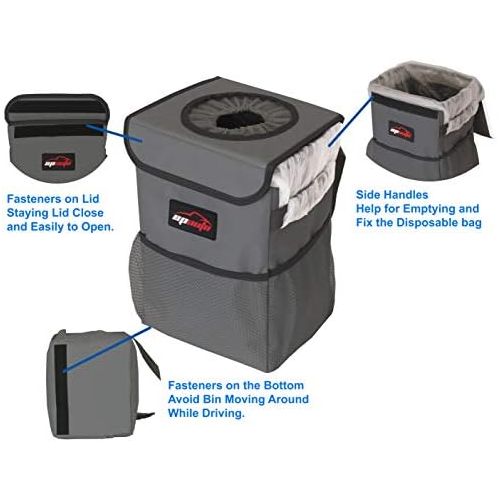  EPAuto Waterproof Car Trash Can with Lid and Storage Pockets, Dark Grey