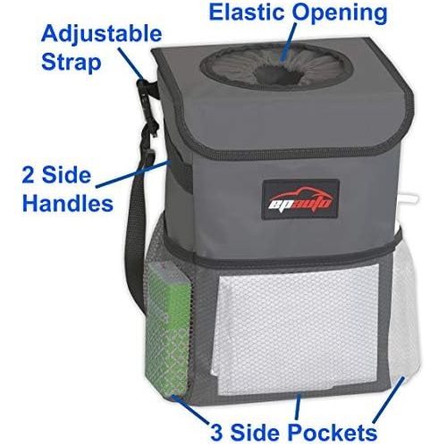  EPAuto Waterproof Car Trash Can with Lid and Storage Pockets, Dark Grey