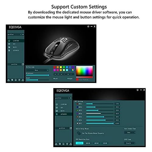 EQEOVGA D10 RGB Lightweight Gaming Mouse 3325 Optical Sensor 10000 DPI 65g Ultra Lightweight Honeycomb Shell Ambidextrous Wired Gaming Mouse 7 Buttons Programmable Driver (Black)