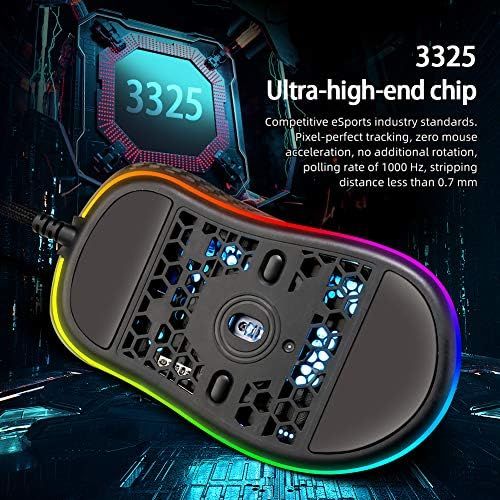  EQEOVGA D10 RGB Lightweight Gaming Mouse 3325 Optical Sensor 10000 DPI 65g Ultra Lightweight Honeycomb Shell Ambidextrous Wired Gaming Mouse 7 Buttons Programmable Driver (Black)