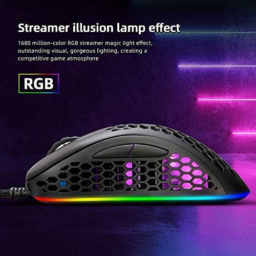  EQEOVGA D10 RGB Lightweight Gaming Mouse 3325 Optical Sensor 10000 DPI 65g Ultra Lightweight Honeycomb Shell Ambidextrous Wired Gaming Mouse 7 Buttons Programmable Driver (Black)