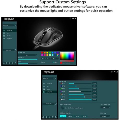  EQEOVGA D10 RGB Lightweight Gaming Mouse 3325 Optical Sensor 10000 DPI 65g Ultra Lightweight Honeycomb Shell Ambidextrous Wired Gaming Mouse 7 Buttons Programmable Driver (Black)