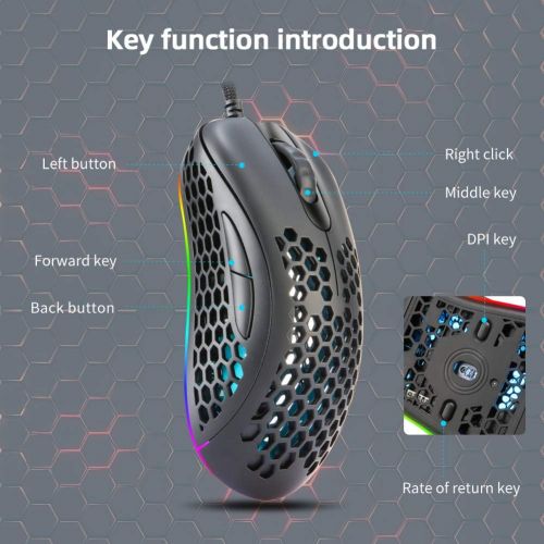  EQEOVGA D10 RGB Lightweight Gaming Mouse 3325 Optical Sensor 10000 DPI 65g Ultra Lightweight Honeycomb Shell Ambidextrous Wired Gaming Mouse 7 Buttons Programmable Driver (Black)