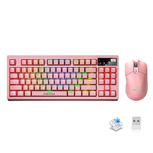  EQEOVGA Pink Wireless Mechanical Keyboard and Mouse Combo, Wireless 2.4G RGB Backlit Mechanical Switch 87 Key Anti-ghosting Keyboard ，Rechargeable 3600mAh Battery ，4000DPI Mice for Compute