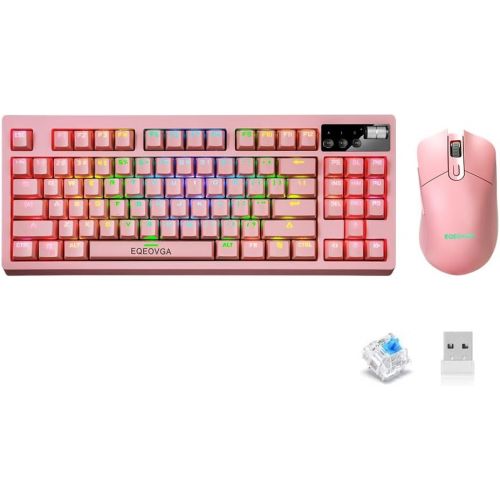  EQEOVGA Pink Wireless Mechanical Keyboard and Mouse Combo, Wireless 2.4G RGB Backlit Mechanical Switch 87 Key Anti-ghosting Keyboard ，Rechargeable 3600mAh Battery ，4000DPI Mice for Compute