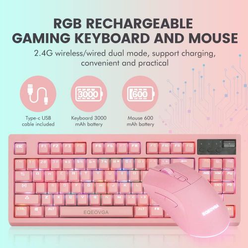  EQEOVGA Pink Wireless Mechanical Keyboard and Mouse Combo, Wireless 2.4G RGB Backlit Mechanical Switch 87 Key Anti-ghosting Keyboard ，Rechargeable 3600mAh Battery ，4000DPI Mice for Compute