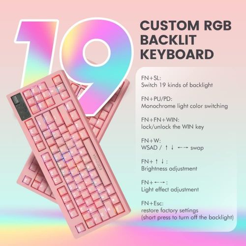  EQEOVGA Pink Wireless Mechanical Keyboard and Mouse Combo, Wireless 2.4G RGB Backlit Mechanical Switch 87 Key Anti-ghosting Keyboard ，Rechargeable 3600mAh Battery ，4000DPI Mice for Compute