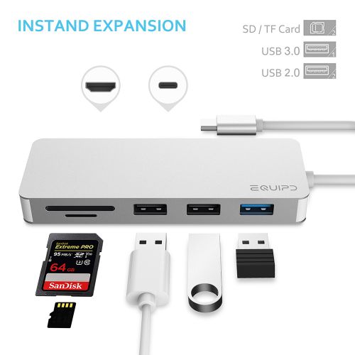  USB C Hub, EQUIPD 7 IN 1 Aluminum Type C Adapter with USB C Charging Port, 4K HDMI Output, 1 USB 3.02 USB 2.0 Ports, SDmicroSD Card Reader for MacBook Pro 13 15 201520162017 an