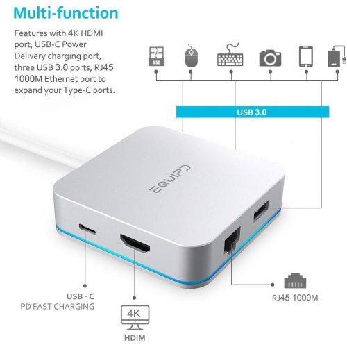  EQUIPD USB C Hub, Aluminum Type C Adapter with PD Charging Port, 4K HDMI Output, Gigabit Ethernet Port, 3 USB 3.0 Ports Compatible MacBook Pro 13 15, MacBook Air 13, MacBook 12” an