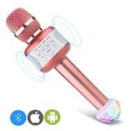 ERAY Wireless Bluetooth Karaoke Microphone Handheld with USB Disco Ball LED Light, Protable KTV Home Party Singing Music Speaker for iPhone Android Smartphone PC iPad (Pink)
