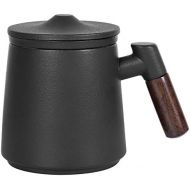 [아마존베스트]ERBAITM Sandalwood handle Tea Mug, Chinese Ceramic Tea Cup, with Infuser and Lid, 13.5 oz (BLACK)