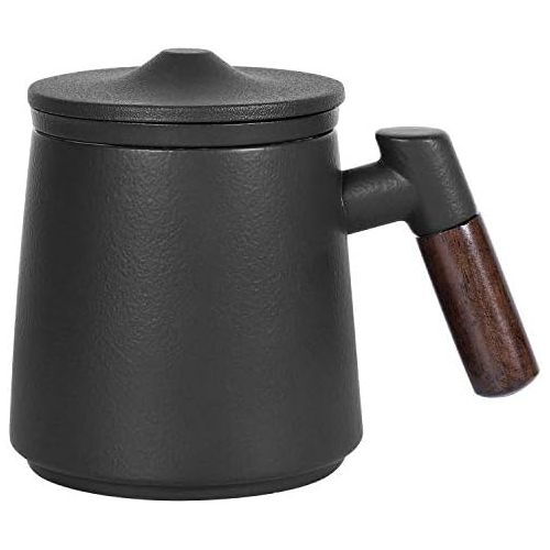  [아마존베스트]ERBAITM Sandalwood handle Tea Mug, Chinese Ceramic Tea Cup, with Infuser and Lid, 13.5 oz (BLACK)