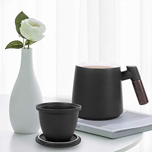  [아마존베스트]ERBAITM Sandalwood handle Tea Mug, Chinese Ceramic Tea Cup, with Infuser and Lid, 13.5 oz (BLACK)