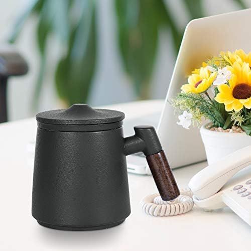  [아마존베스트]ERBAITM Sandalwood handle Tea Mug, Chinese Ceramic Tea Cup, with Infuser and Lid, 13.5 oz (BLACK)