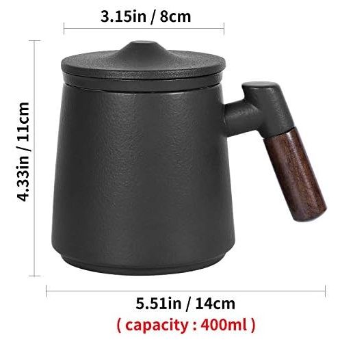  [아마존베스트]ERBAITM Sandalwood handle Tea Mug, Chinese Ceramic Tea Cup, with Infuser and Lid, 13.5 oz (BLACK)