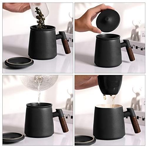  [아마존베스트]ERBAITM Sandalwood handle Tea Mug, Chinese Ceramic Tea Cup, with Infuser and Lid, 13.5 oz (BLACK)