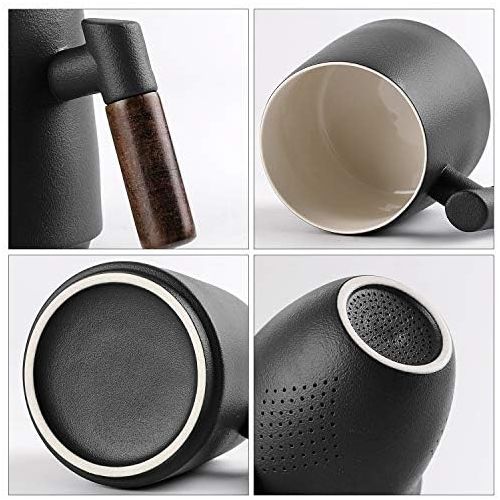  [아마존베스트]ERBAITM Sandalwood handle Tea Mug, Chinese Ceramic Tea Cup, with Infuser and Lid, 13.5 oz (BLACK)