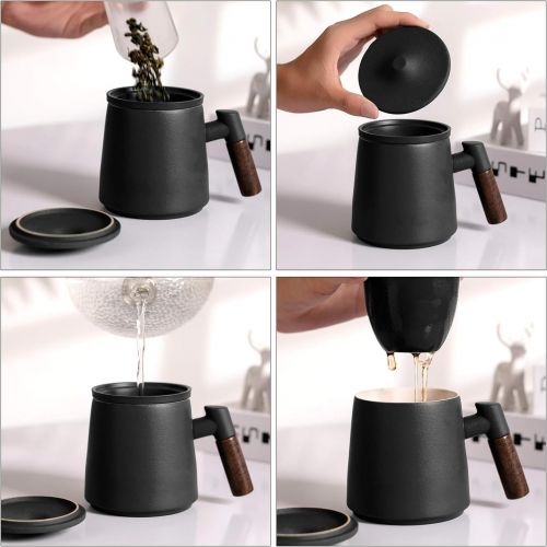  [아마존베스트]ERBAITM Sandalwood handle Tea Mug, Chinese Ceramic Tea Cup, with Infuser and Lid, 13.5 oz (BLACK)