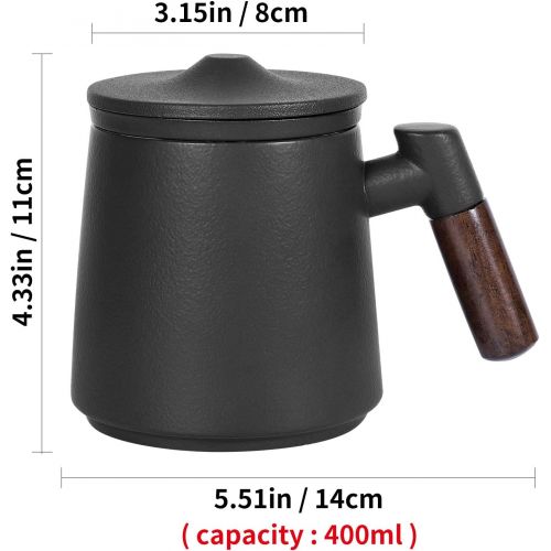  [아마존베스트]ERBAITM Sandalwood handle Tea Mug, Chinese Ceramic Tea Cup, with Infuser and Lid, 13.5 oz (BLACK)