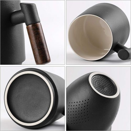  [아마존베스트]ERBAITM Sandalwood handle Tea Mug, Chinese Ceramic Tea Cup, with Infuser and Lid, 13.5 oz (BLACK)