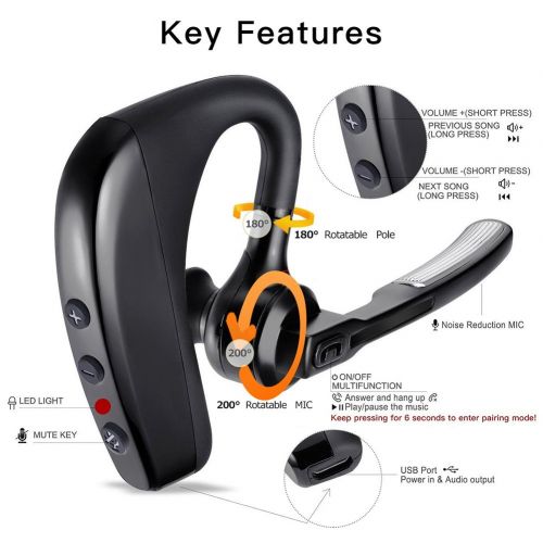  [아마존 핫딜]  [아마존핫딜]ERUW Bluetooth Headset Kabelloses Freisprechanlage Kopfhoerer mit Mic Mute Switch Bloothooth Headset Freisprecheinrichtung Ohr Kompatibel fuer iPhone Samsung Handy (K10 Headset)