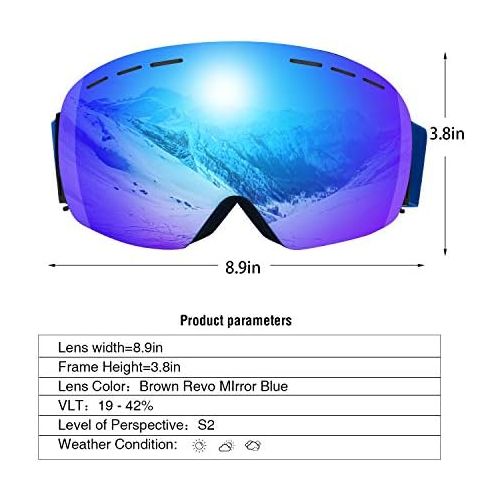  ERUW Ski Goggles - OTG Frameless Snowboard Goggles with Anti-Fog UV Protection of Double Lens Compatible Windproof Helmet for Snowmobile & Skiing & Skating Snow Goggles