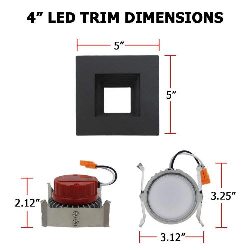  ESD TECH ESD Tech 6 Pack of 4 Inch LED Dimmable Recessed Downlight Trim, Black Square Baffle Retrofit, 2700K, 650 Lm, 9W, 120V, Energy Star, ETL Listed, Indoor/Outdoor Rated