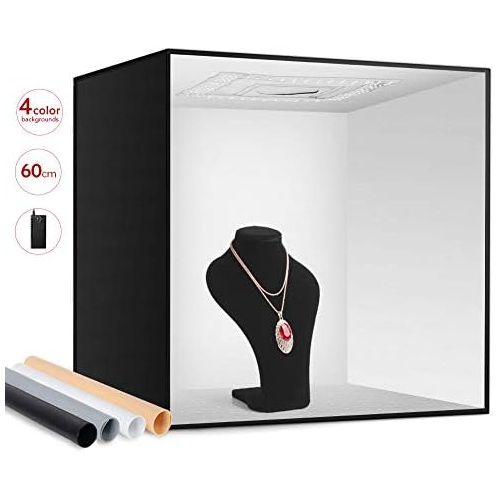  ESDDI Photo Studio Light Box 24/60cm Adjustable Brightness Portable Folding Hook & Loop Professional Booth Table Top Photography Lighting Kit 156 LED Lights 4 Colors Backdrops