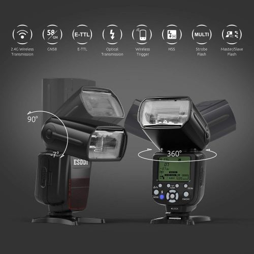  ESDDI Flash Speedlite for Canon, E-TTL 18000 HSS LCD Display Wireless Flash Speedlite GN58 2.4G Wireless Radio Master Slave, Professional Flash Kit with Wireless Flash Trigger for
