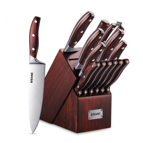  Knife Set, 15-Piece Kitchen Knife Set with Block Wooden, Manual Sharpening for Chef Knife Block Set, German Stainless Steel, ESMK (15 PCs Knife Block Set)