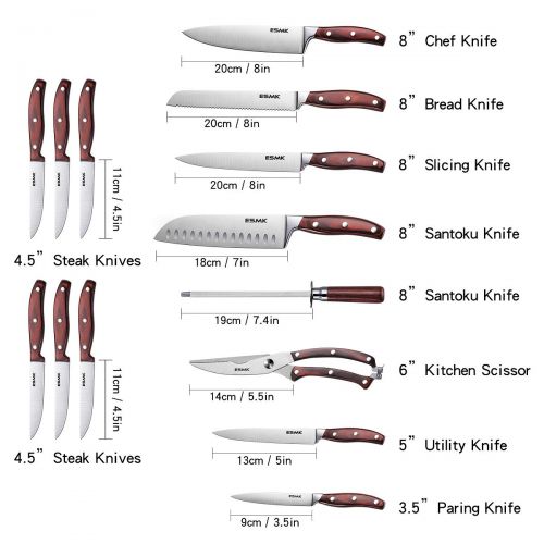  Knife Set, 15-Piece Kitchen Knife Set with Block Wooden, Manual Sharpening for Chef Knife Block Set, German Stainless Steel, ESMK (15 PCs Knife Block Set)