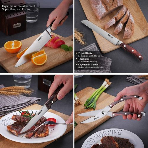  Knife Set, 15-Piece Kitchen Knife Set with Block Wooden, Manual Sharpening for Chef Knife Block Set, German Stainless Steel, ESMK (15 PCs Knife Block Set)